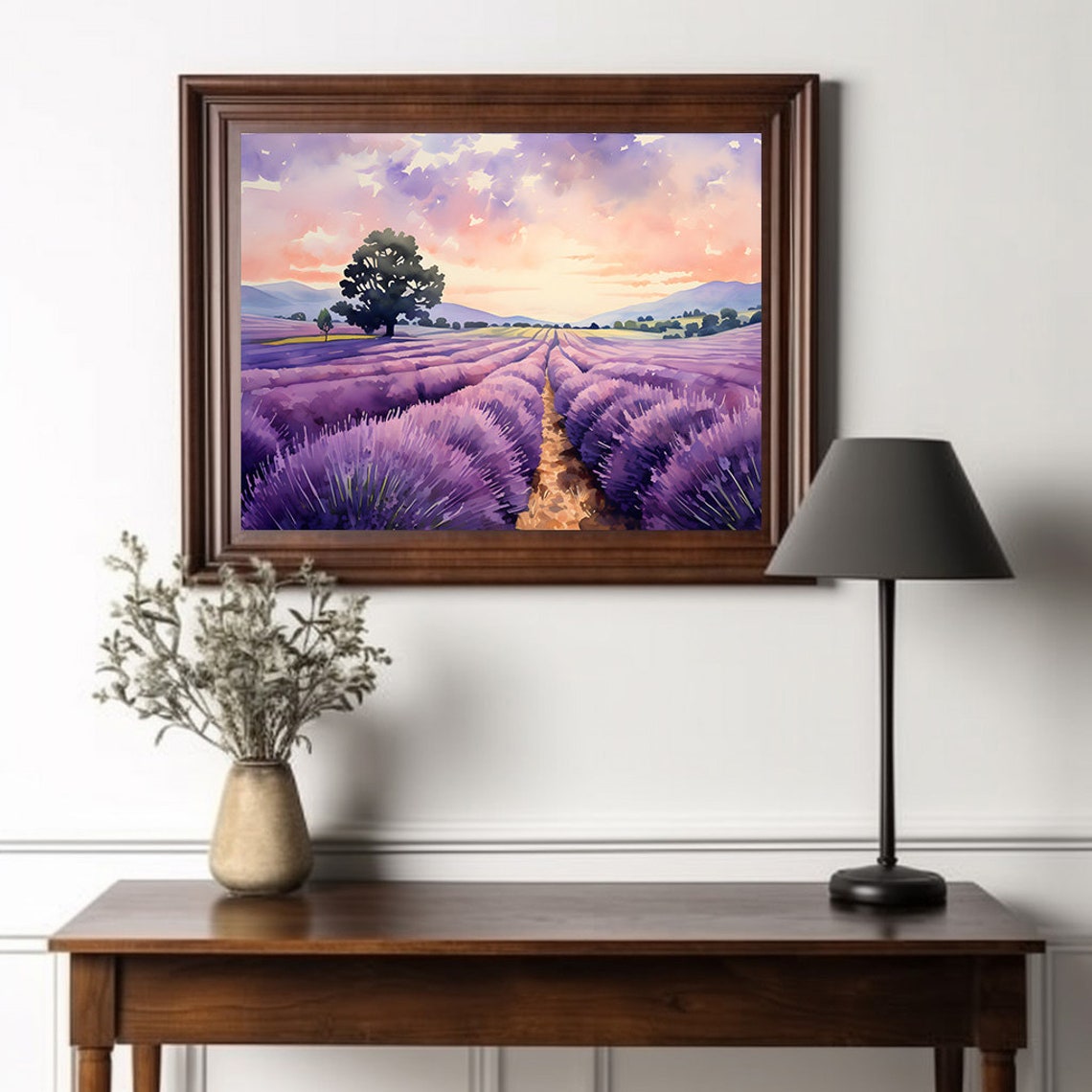 Lavender Rows at Sunrise Watercolor Soft Pink Sky and Lone Tree Poster - Image 3