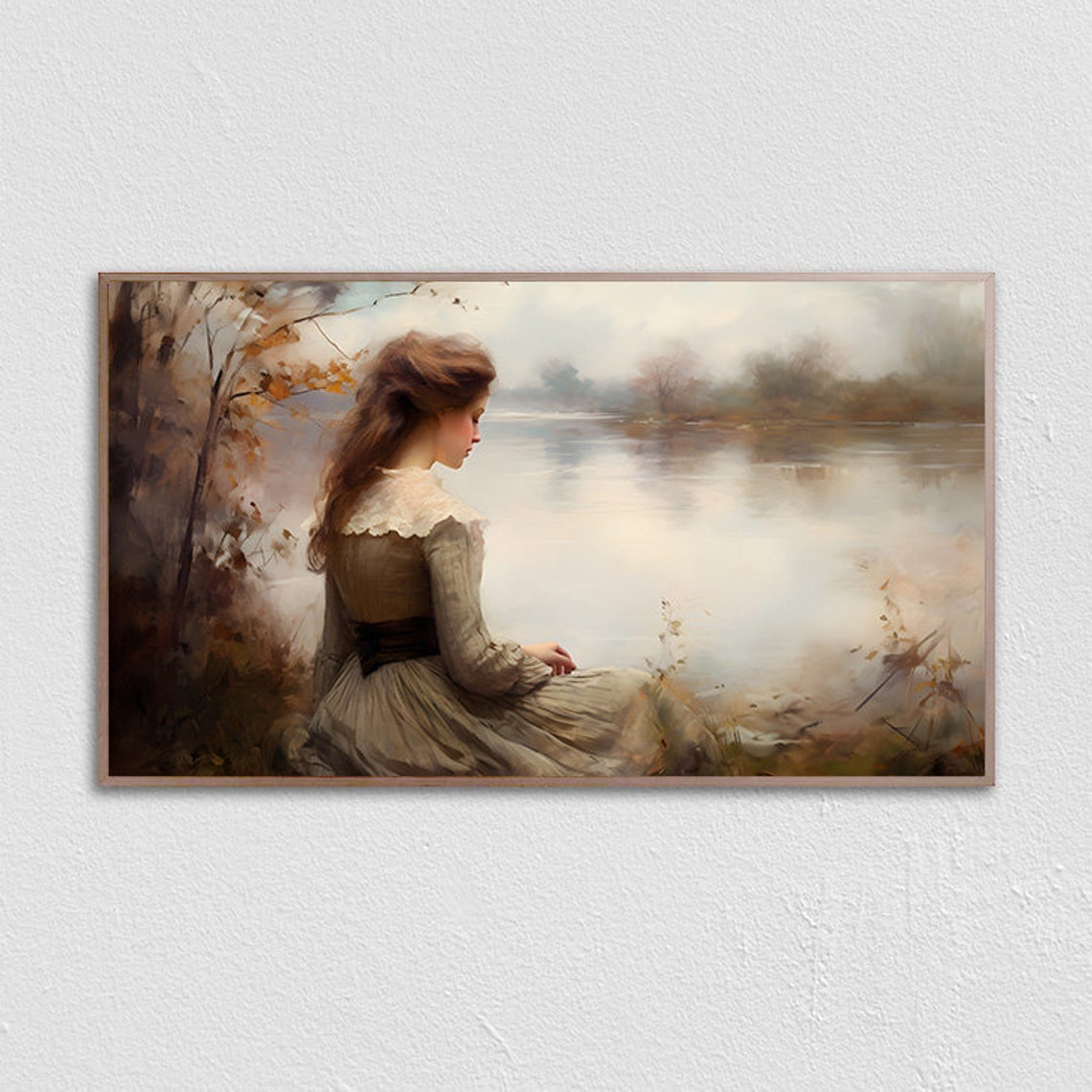 Victorian Woman By Misty Autumn Lake Vintage Romantic Poster