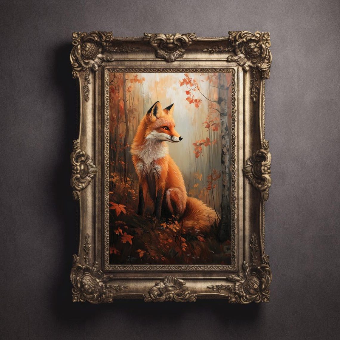 Majestic Red Fox in Birch Forest Autumn Foliage Oil Painting Poster - Image 3