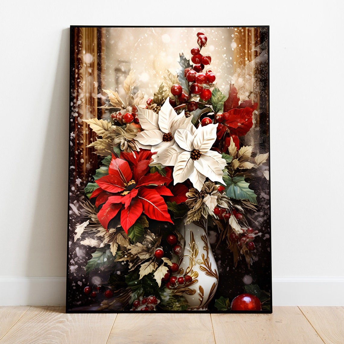 Christmas Flowers Poster Winter Florals Art Christmas Poinsettias Print Christmas Art Farmhouse Christmas Wall Art
