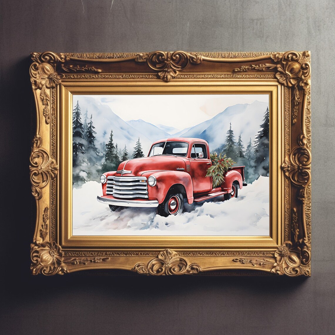 Vintage Red Chevrolet Pickup Truck In Snowy Mountains Poster - Image 3