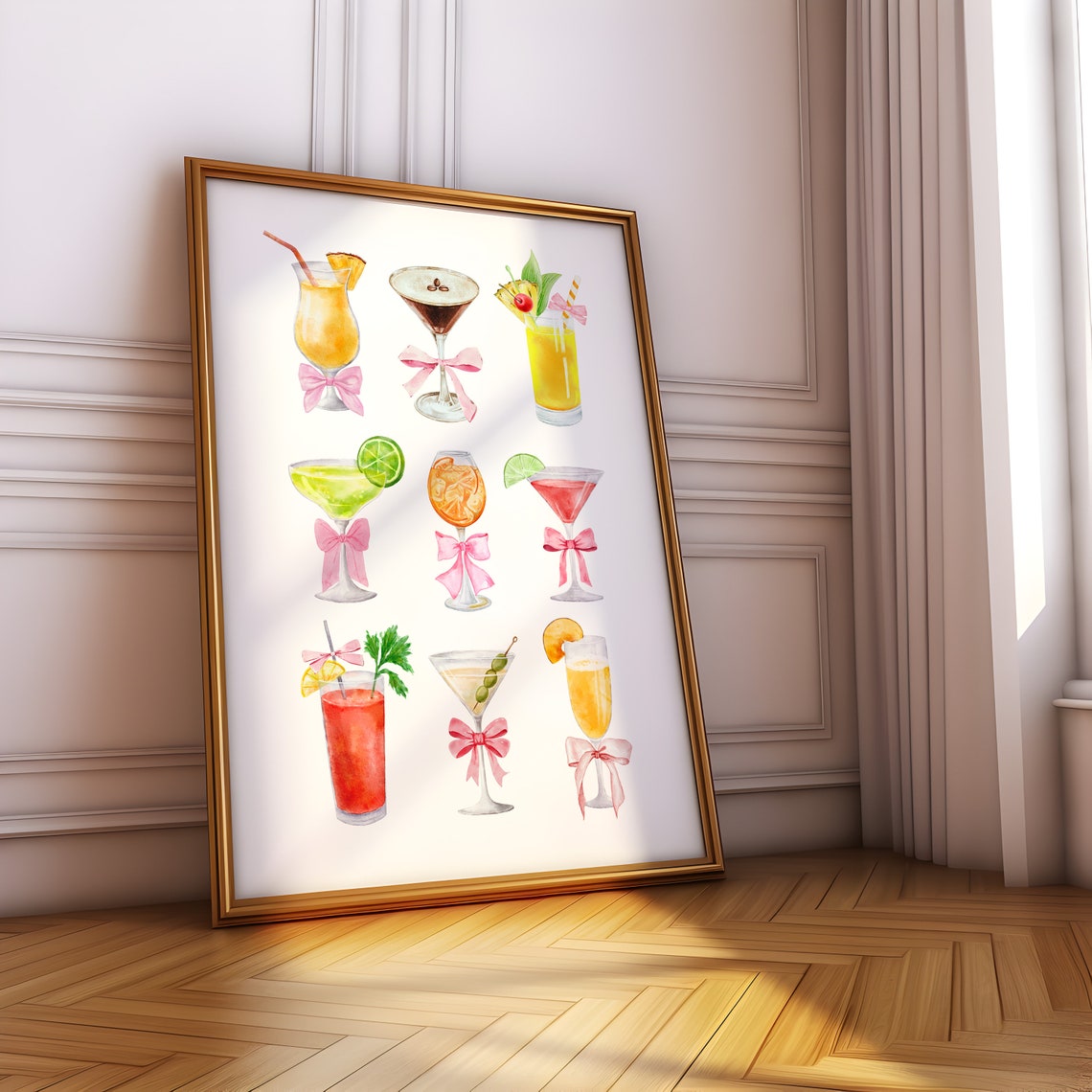 Pink Bow Cocktail Collection Watercolor Bar Cart Party Art Print - Image 2