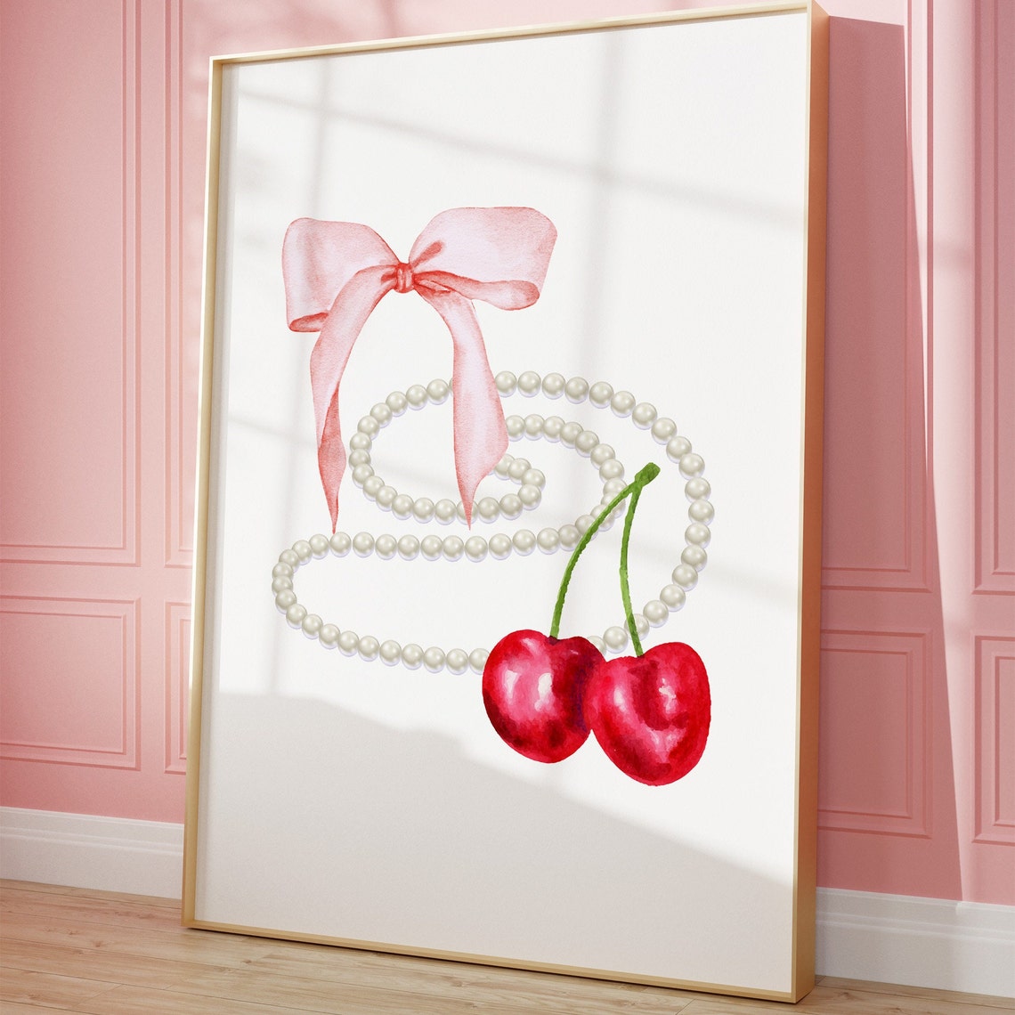Coquette Pink Bow Pearls And Cherries Watercolor Girly Poster - Image 4