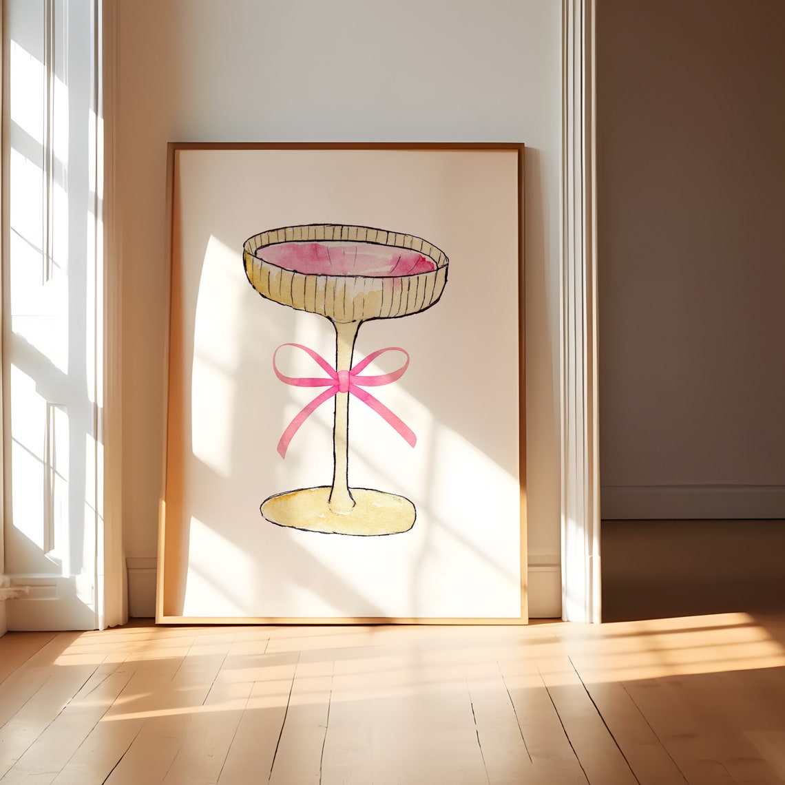 Champagne Coupe Glass Pink Bow Watercolor Coquette Kitchen Bar Print - Image 2