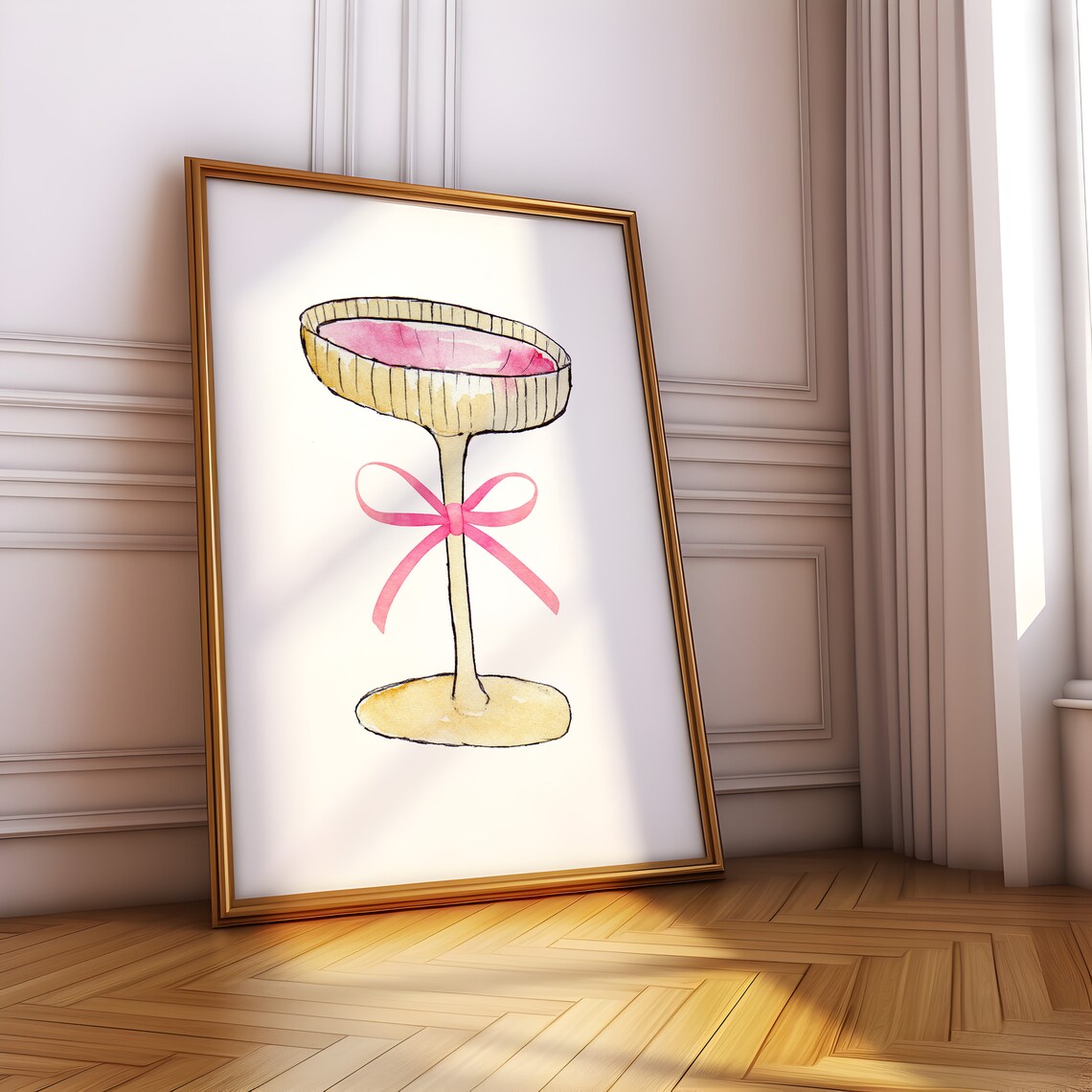 Champagne Coupe Glass Pink Bow Watercolor Coquette Kitchen Bar Print - Image 4