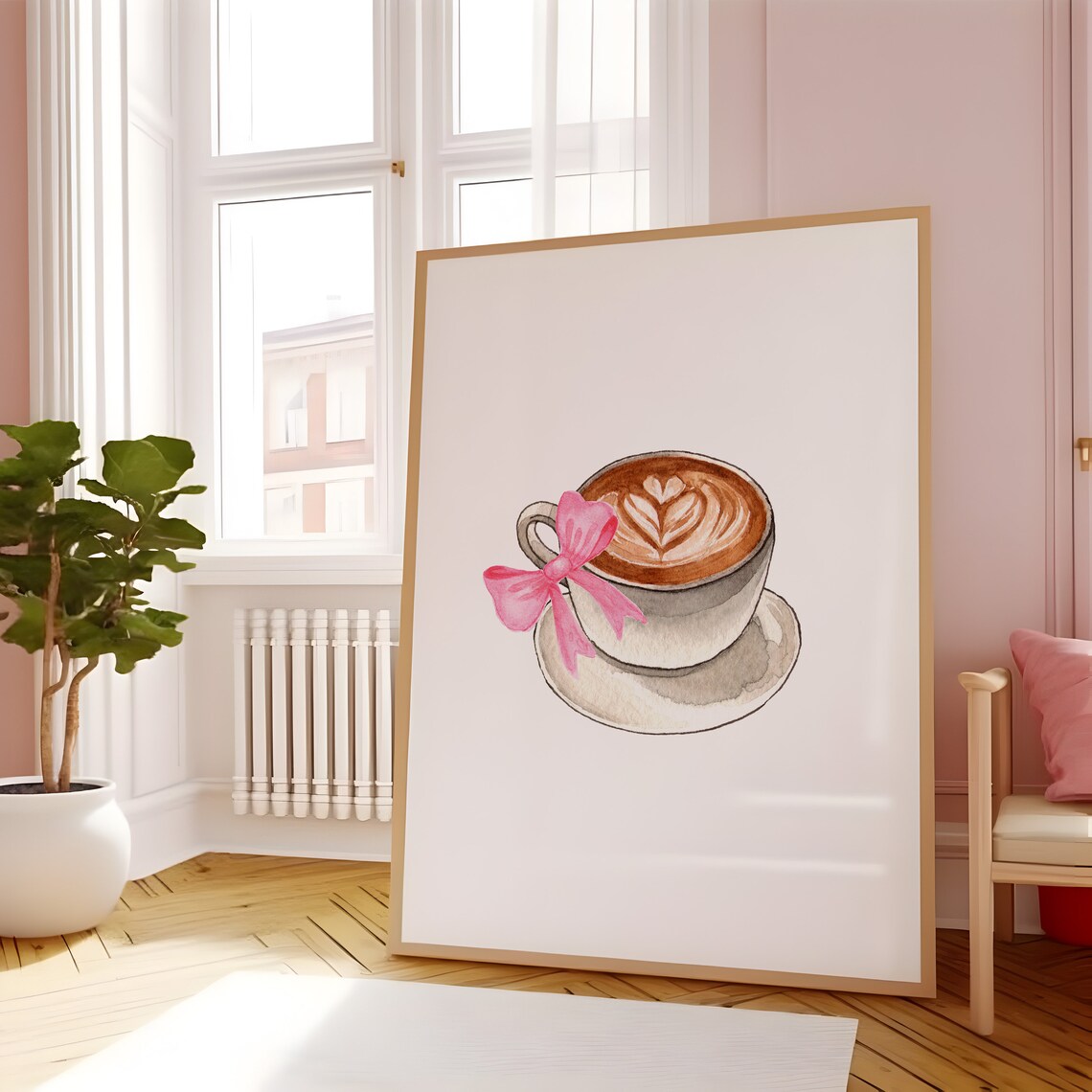 Watercolor Heart Latte Art Cup Pink Bow Balletcore Kitchen Poster - Image 3