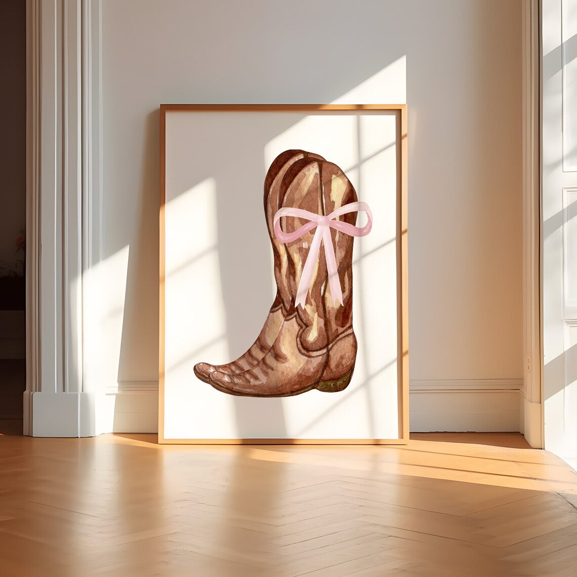 Watercolor Cowgirl Boots With Pink Bow Coastal Western Decor Poster - Image 4