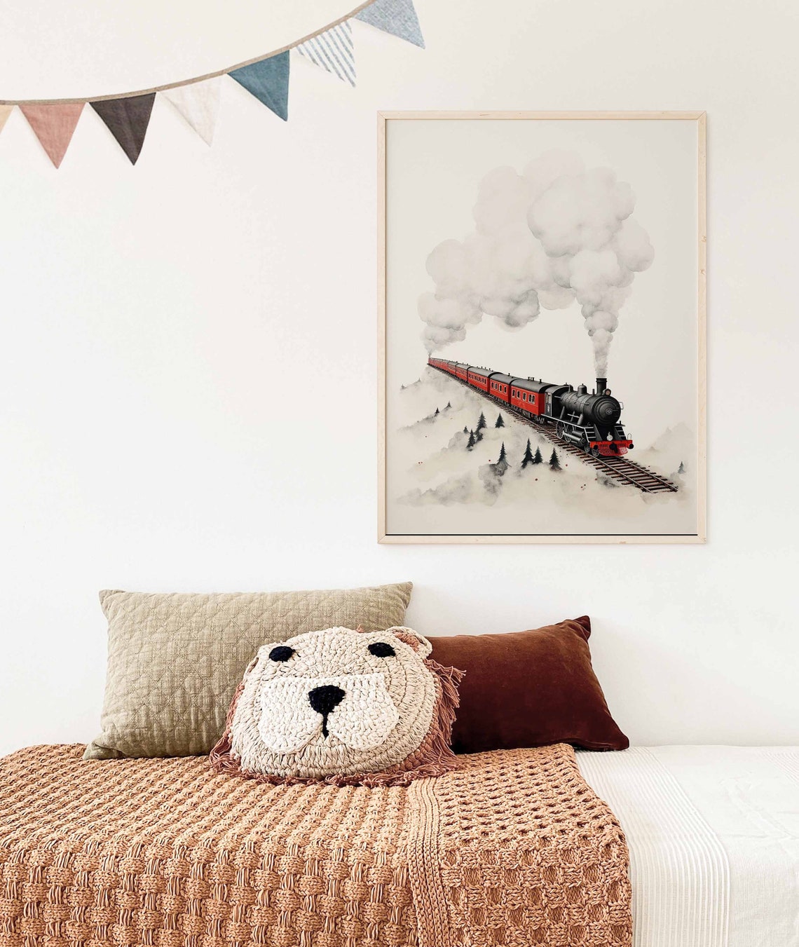 Vintage Red Steam Train Poster Rolling Through Misty Pine Forest - Image 3