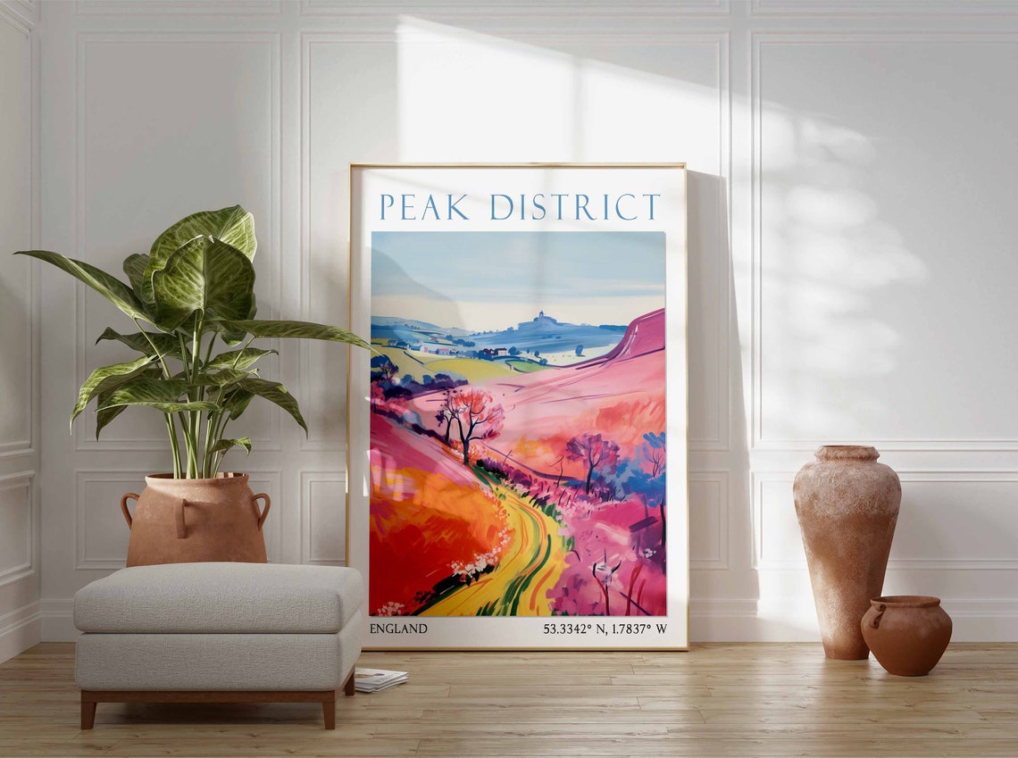 Peak District England Bold Pink Hills Winding Road Sunset Poster - Image 2