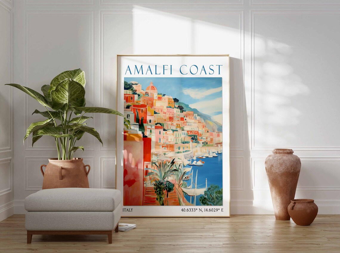 Amalfi Coast Italy Retro Travel Poster with Harbor and Sailboats - Image 2
