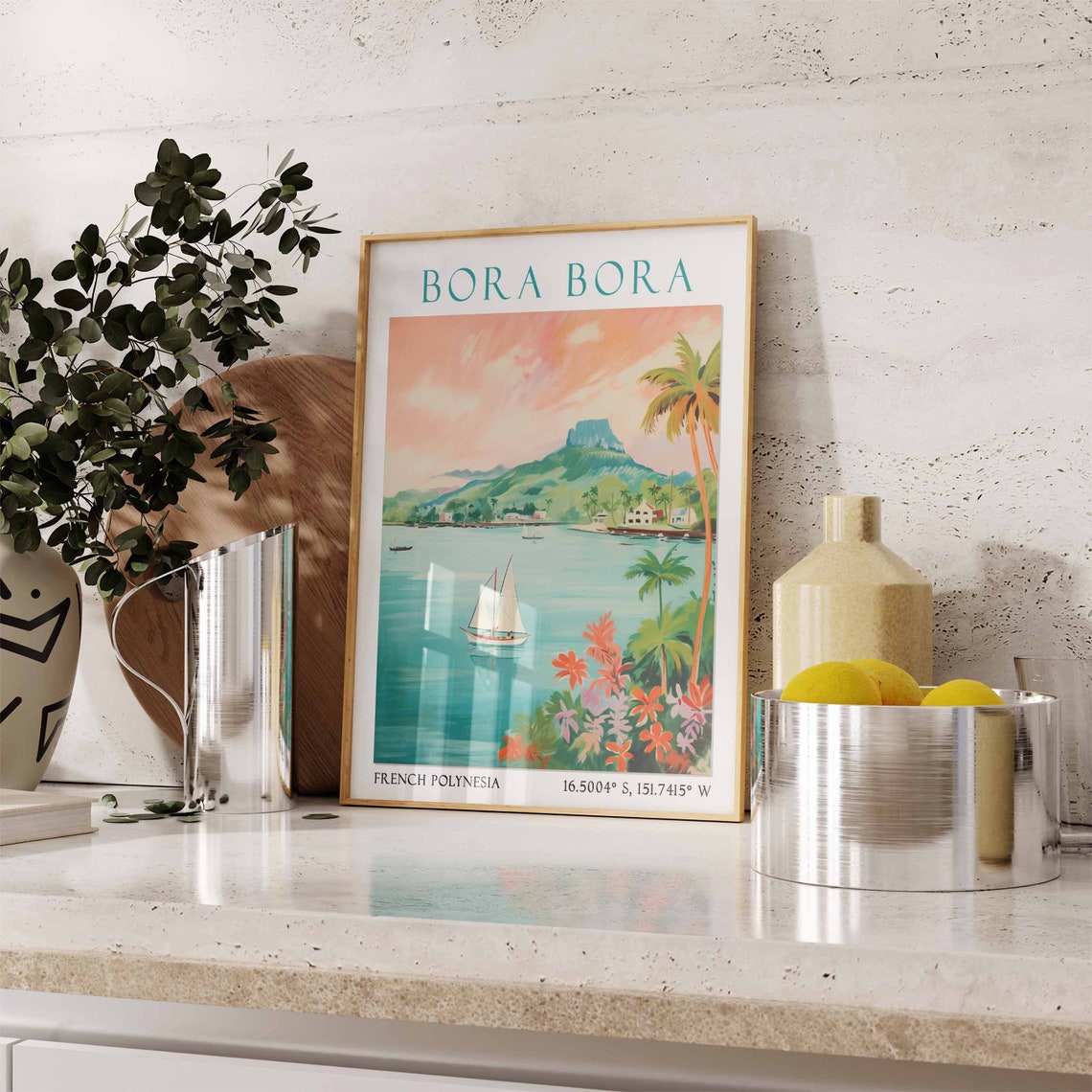 Turquoise Lagoon Sailboat and Tropical Flowers Bora Bora Poster - Image 3