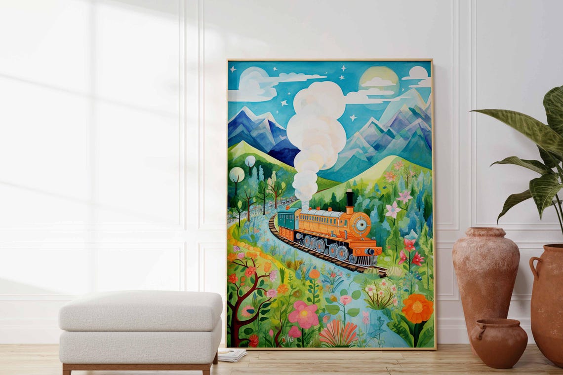 Orange Steam Train Curving Track Green Mountain Valley Poster - Image 2