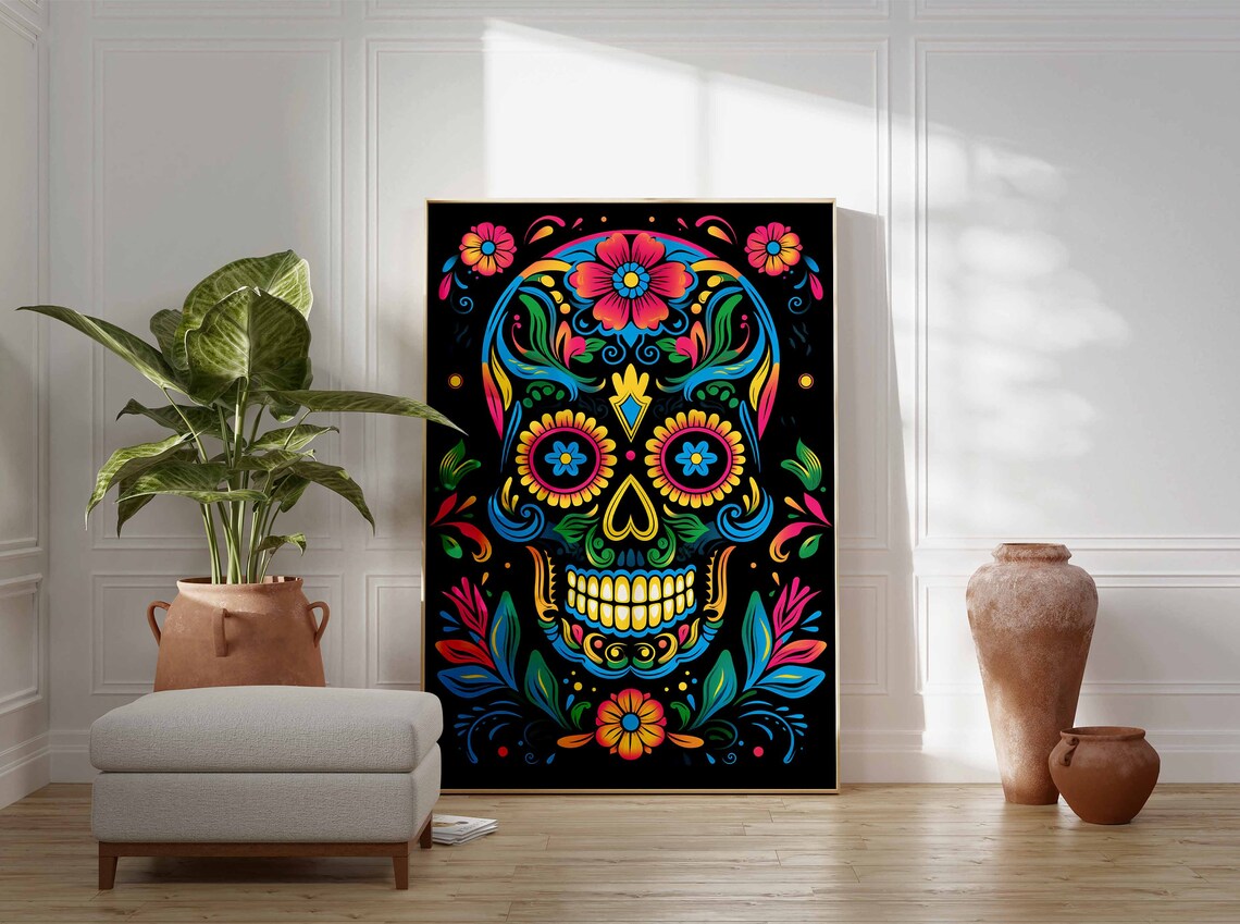 Bold Blue and Pink Sugar Skull Poster with Sunflower Eyes Decor - Image 3