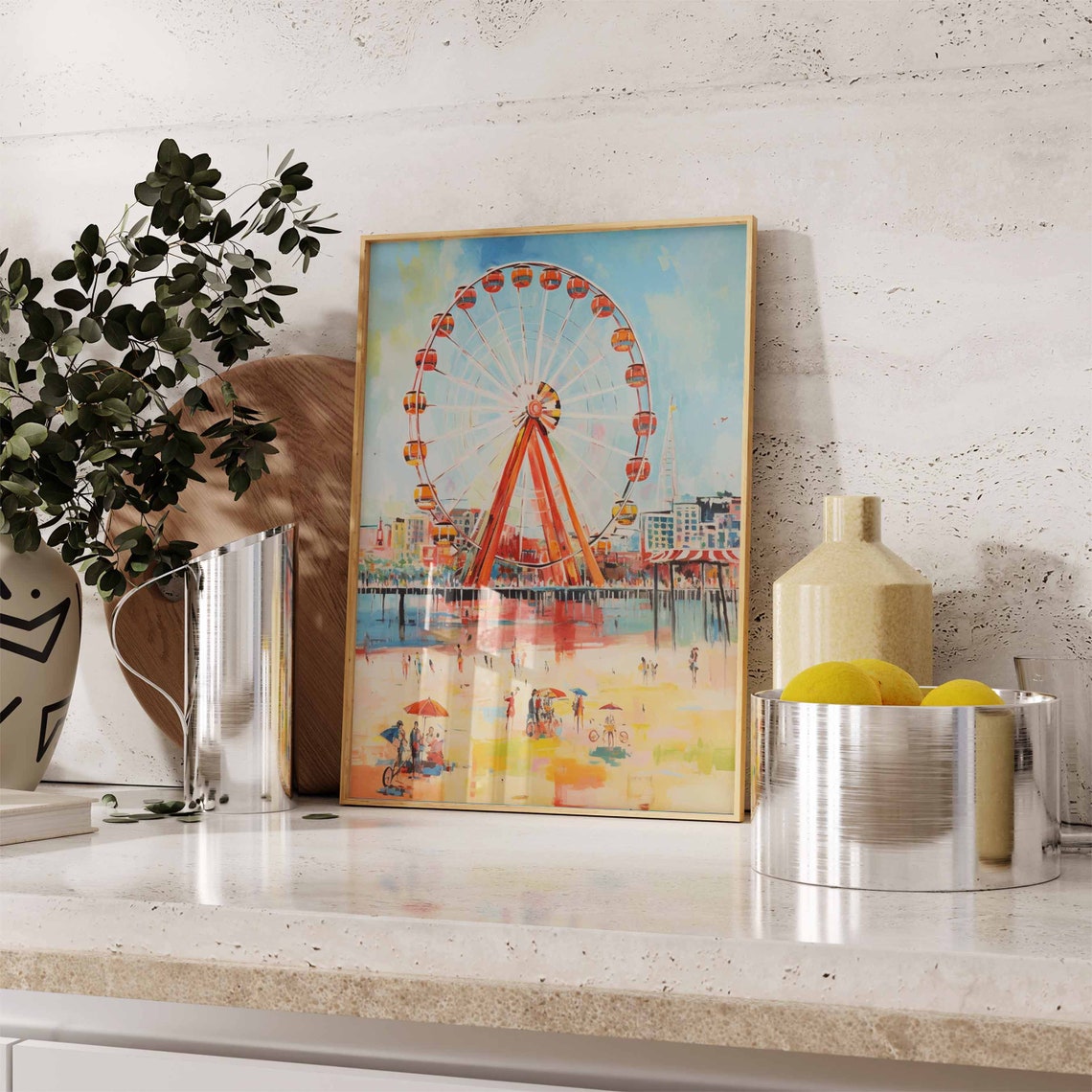 Red Ferris Wheel Pier Beach Impressionist Seaside Day Poster - Image 2