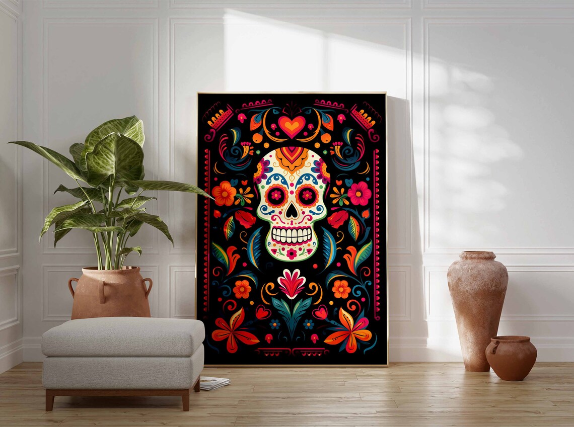Day of the Dead Sugar Skull Heart Floral Black Fiesta Poster - Image 3