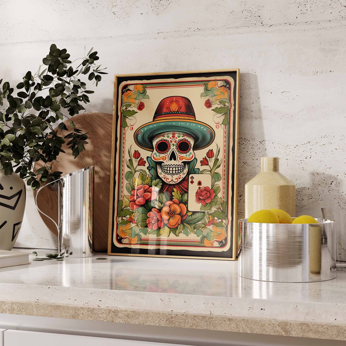 Day of the Dead Skull Red Sombrero Playing Card Vintage Poster - Image 3