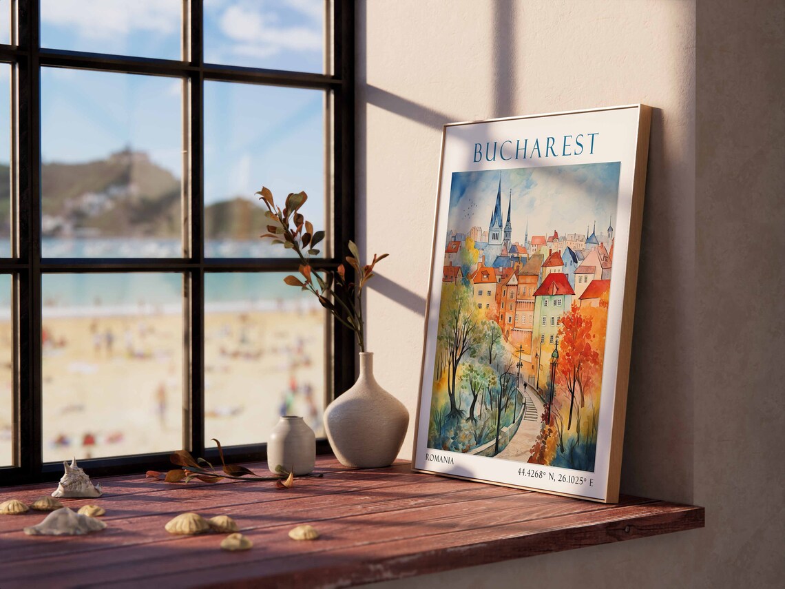 Bucharest Romania Travel Poster Autumn Church Spires Watercolor - Image 2