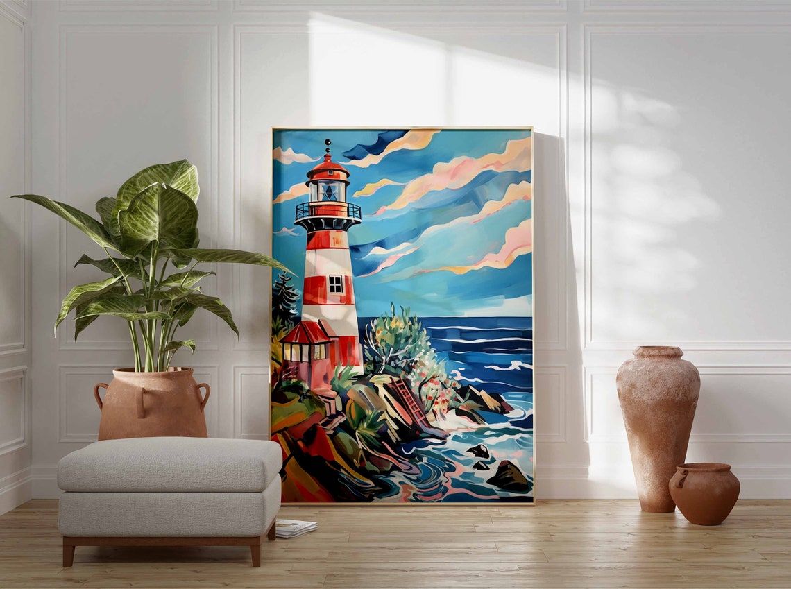 Boho Art Boho Print Rustic Lighthouse Art Bathroom Wall Art Rustic Coastal Dcor Boho Wall Art Seaside Art Vintage Lighthouse Poster - Image 3