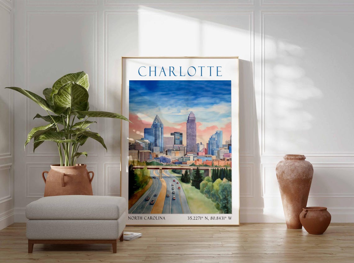 Charlotte North Carolina Dusk Skyline with Highway View Poster - Image 2