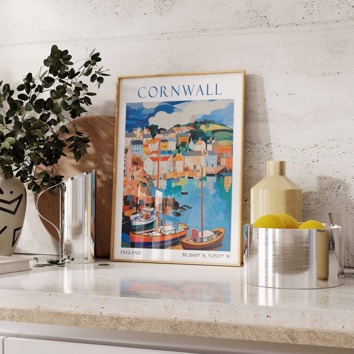 Cornwall England Travel Poster Colorful Harbor Town View Art - Image 2