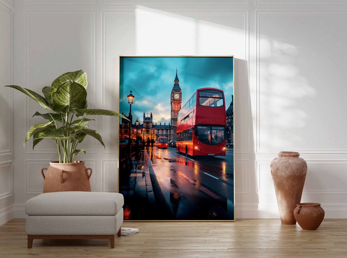 Red Bus on Westminster Bridge Rainy Evening Poster with Big Ben - Image 3