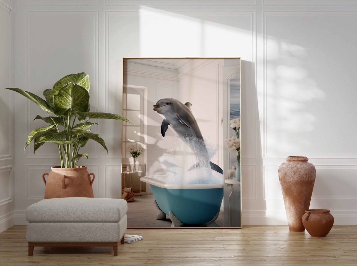Dolphin Jumping Out Of A Teal Clawfoot Bathtub Smiling Poster - Image 3