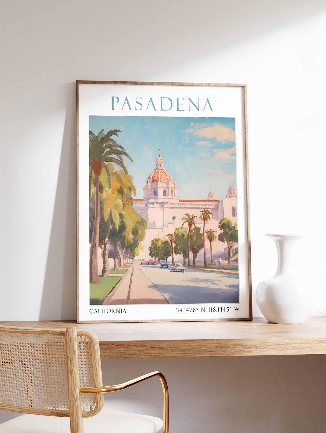 Pasadena California City Hall Palms Watercolor Travel Poster - Image 3