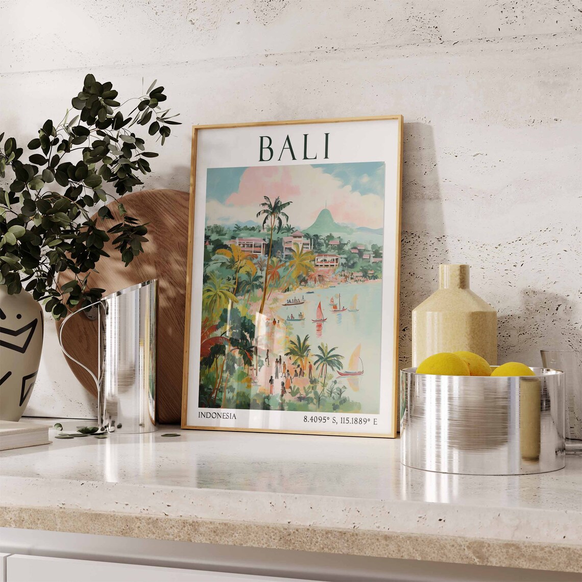 Bali Beach with Palm Trees Sailboats and Green Hills Poster Art - Image 3