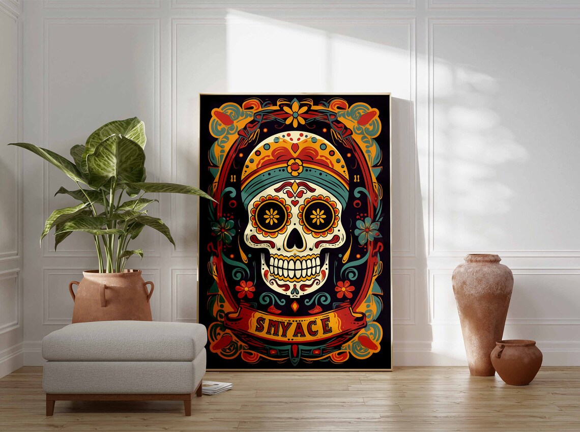 Day of the Dead Sugar Skull with Vintage Lettering Folk Art Poster - Image 3