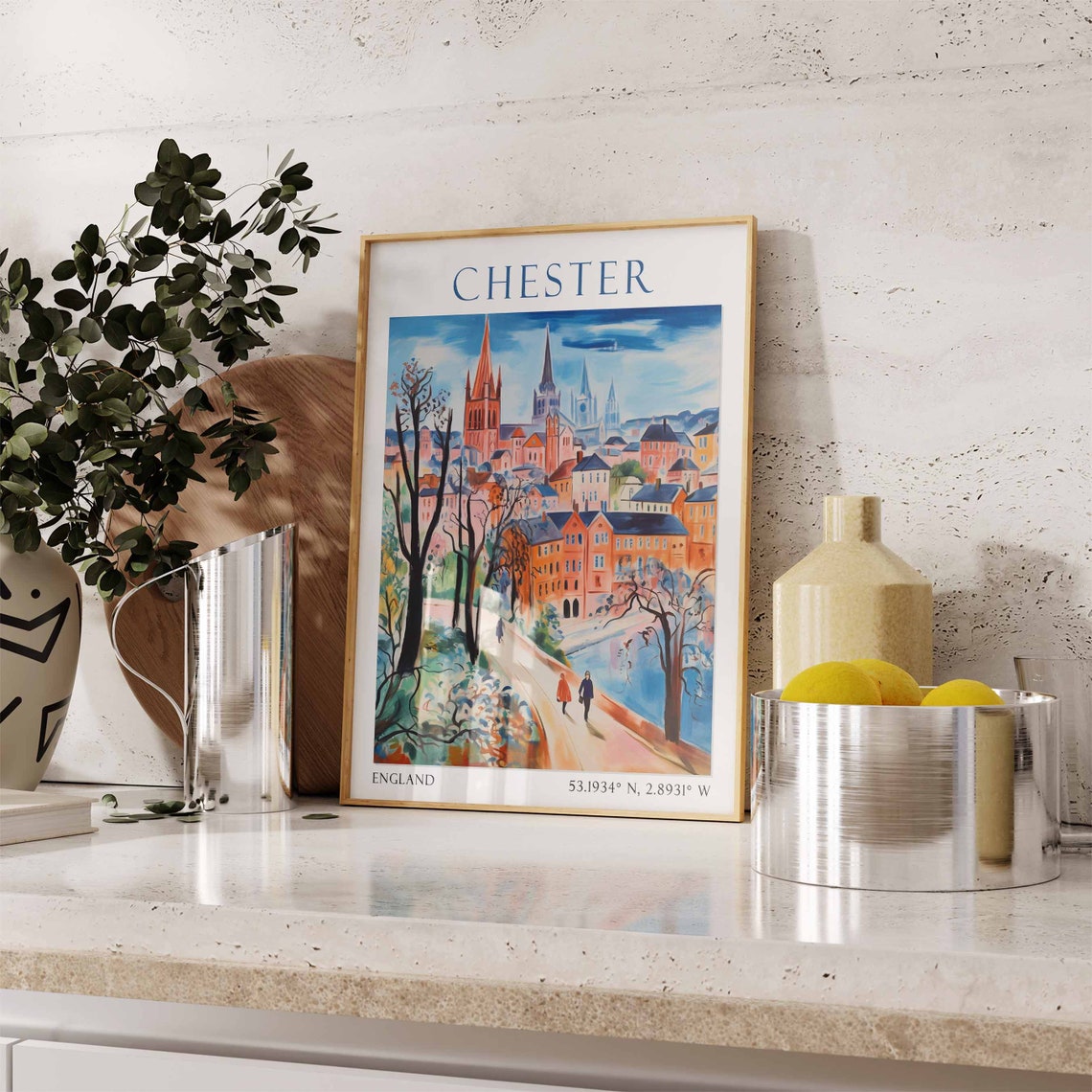 Chester England Travel Poster Cathedral Towers River Walk Art - Image 3