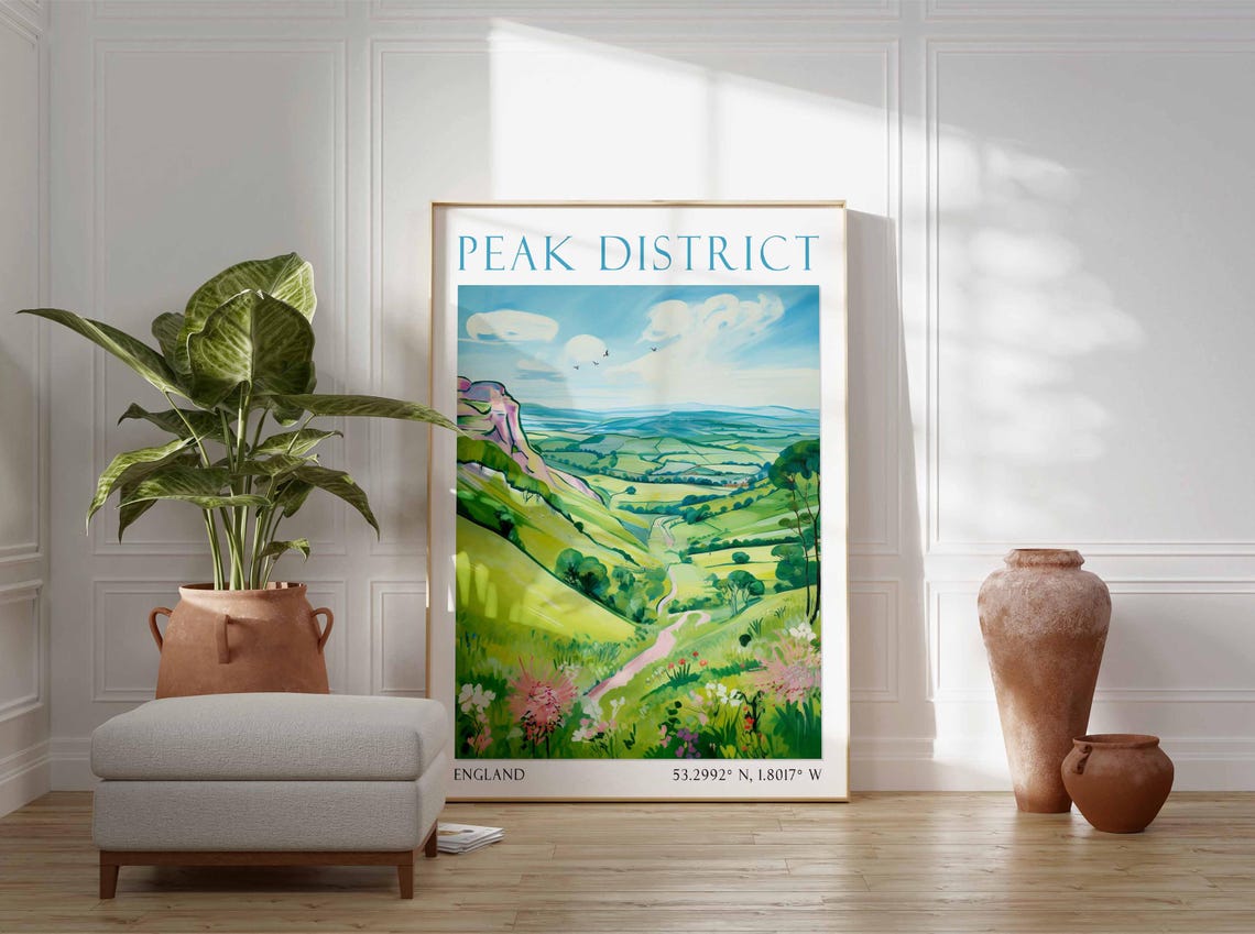Peak District Rolling Green Valley Vista Watercolor Travel Poster - Image 3