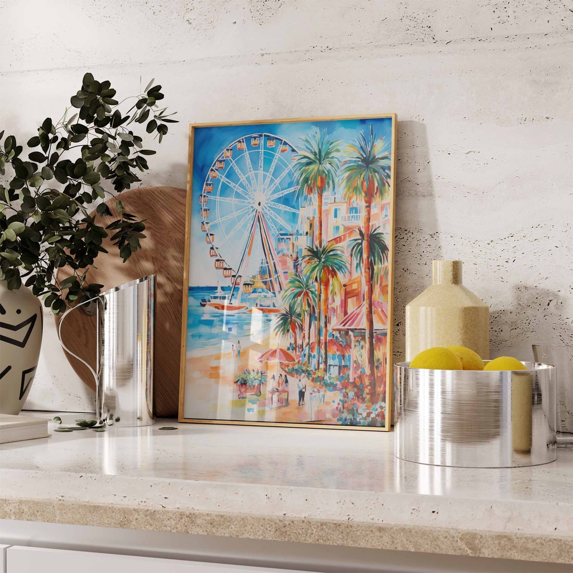 White Ferris Wheel Beach Boardwalk Vibrant Watercolor Poster - Image 2