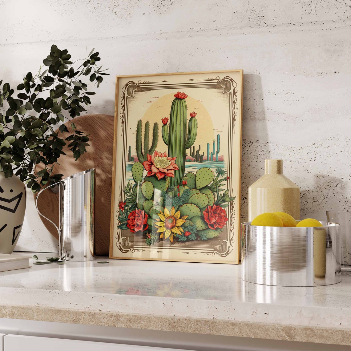 Vintage Desert Cactus Garden Saguaro Red Blossoms Retro Poster - Image 2