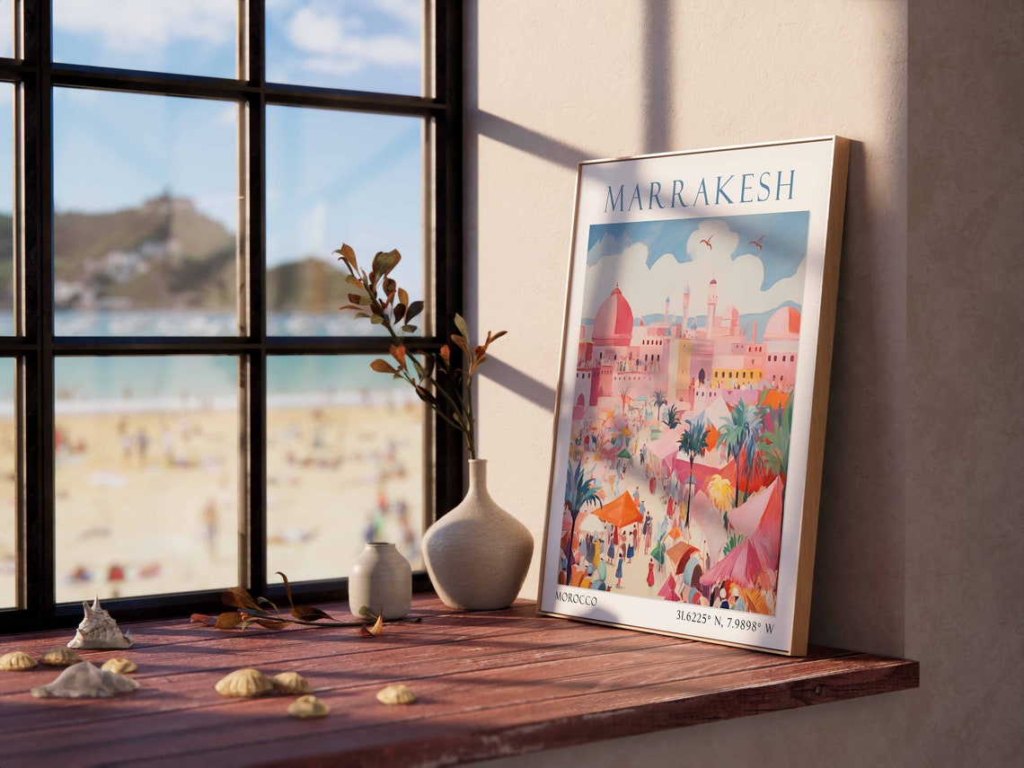 Marrakesh Pink Medina Mosque Domes Bustling Morocco Travel Poster - Image 2