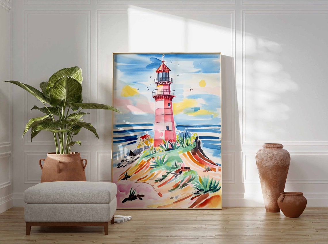 Pink Lighthouse on a Rocky Ocean Cliff Watercolor Art Poster - Image 3