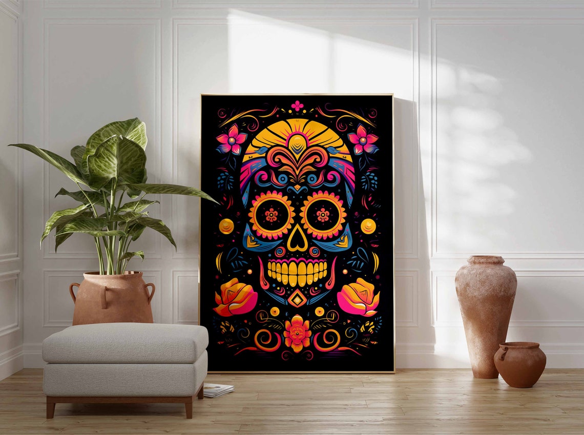 Orange Sugar Skull Sunrise Forehead Poster with Roses on Black - Image 3