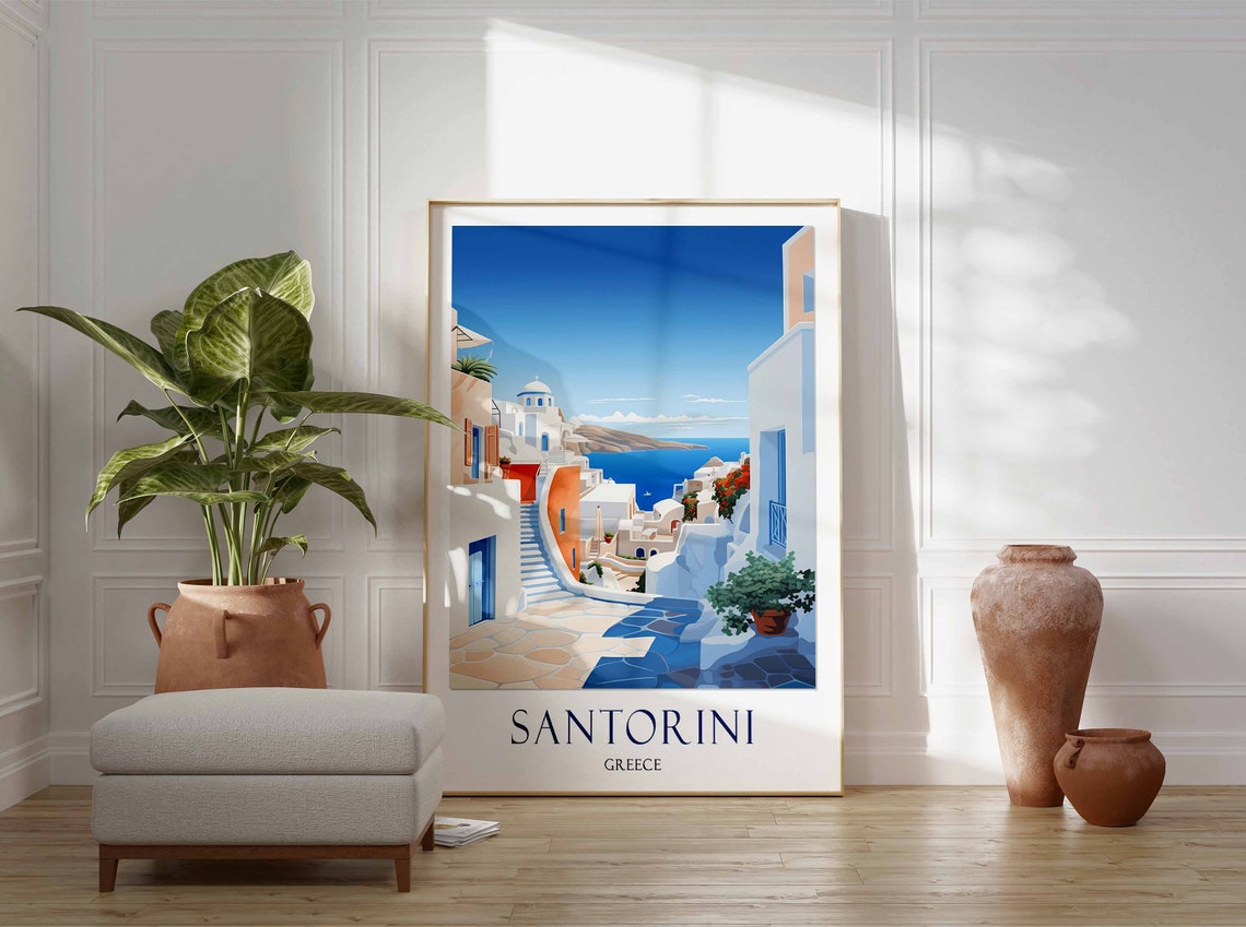Santorini Whitewashed Street Blue Domes Greece Travel Gift Poster - Image 2
