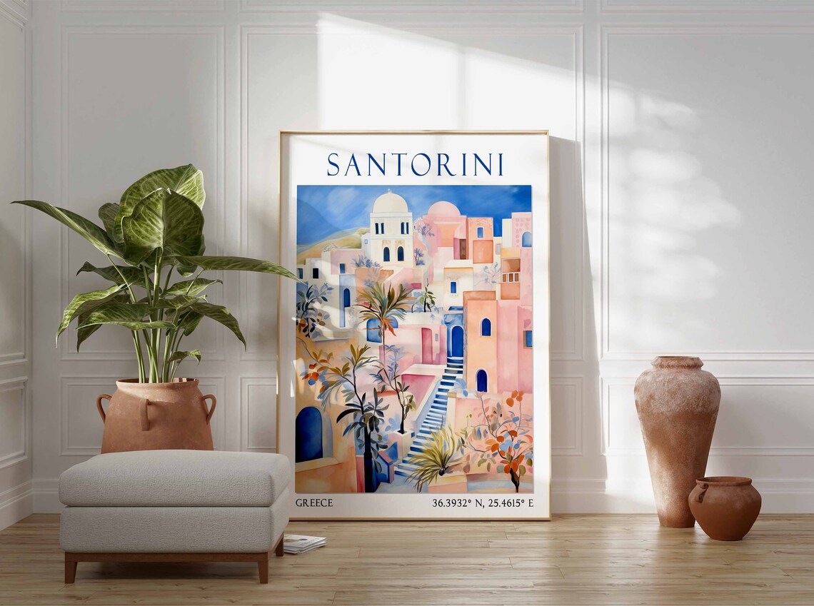 Santorini Pastel Hillside Village Blue Stairs Watercolor Travel Poster - Image 2