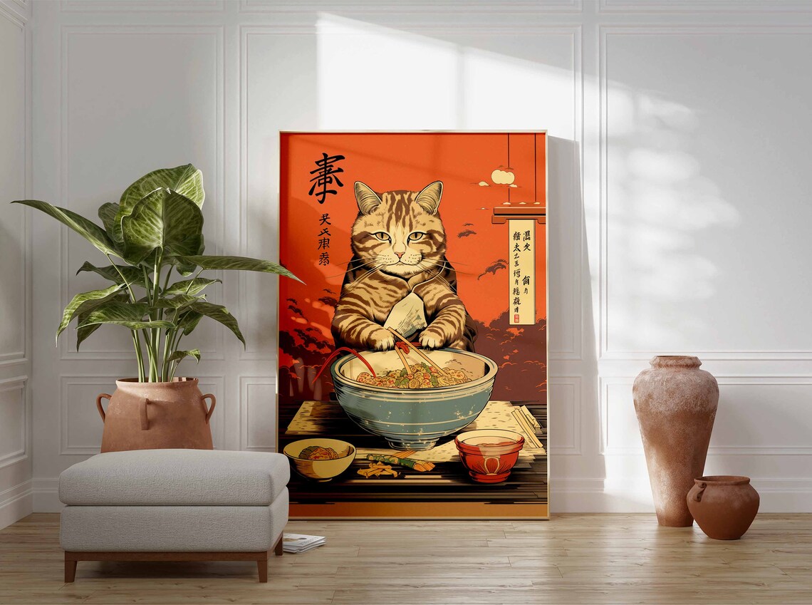 Japanese Cat Eating Noodles Chopsticks Retro Art Lover Poster - Image 2