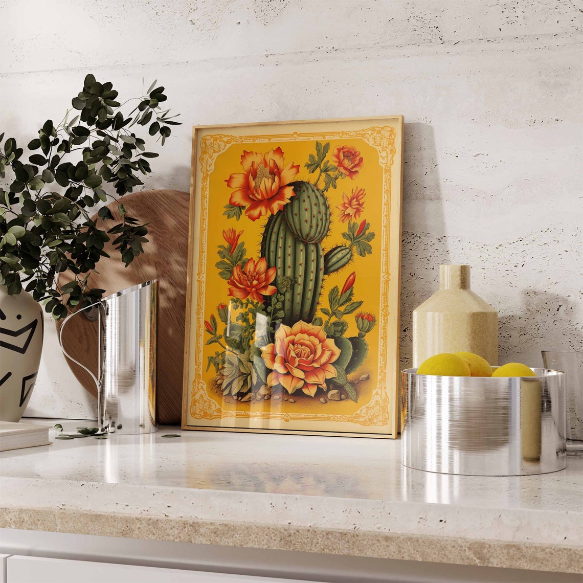 Vintage Golden Yellow Barrel Cactus Blossoms Botanical Art Print - Image 2