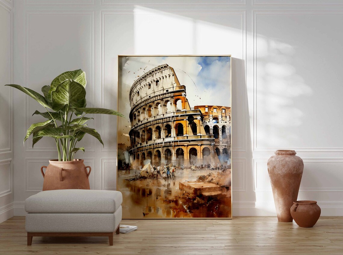 Rome Colosseum Watercolor Travel Poster with Warm Earthy Tones - Image 3
