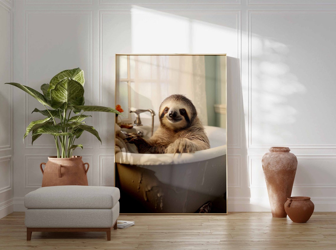 Happy Smiling Sloth Soaking in a Bathtub Funny Bathroom Poster - Image 3