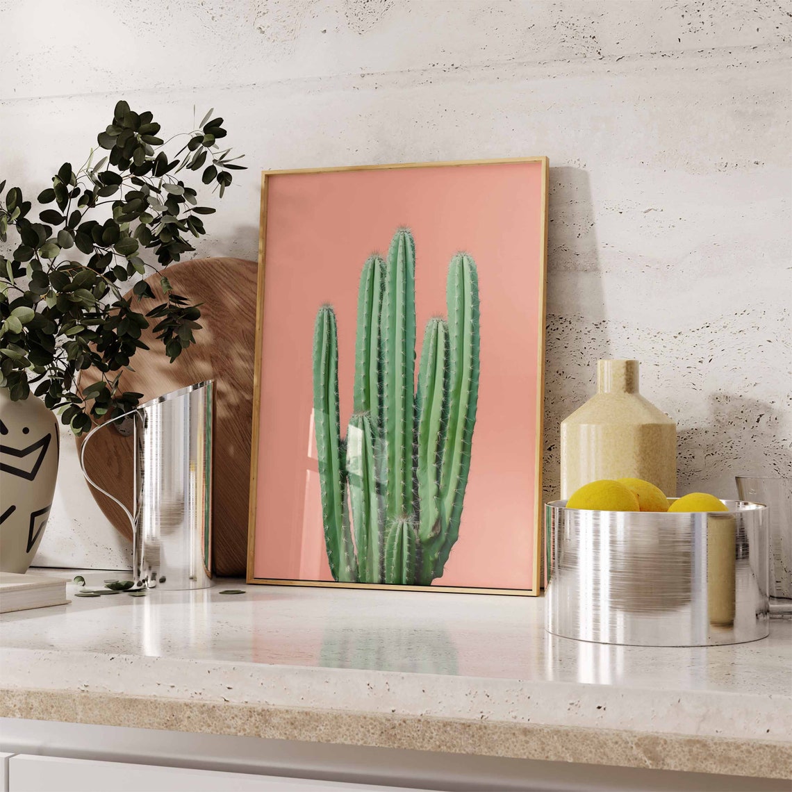 Minimalist Columnar Cactus Cluster on a Peach Background Photo Poster - Image 2