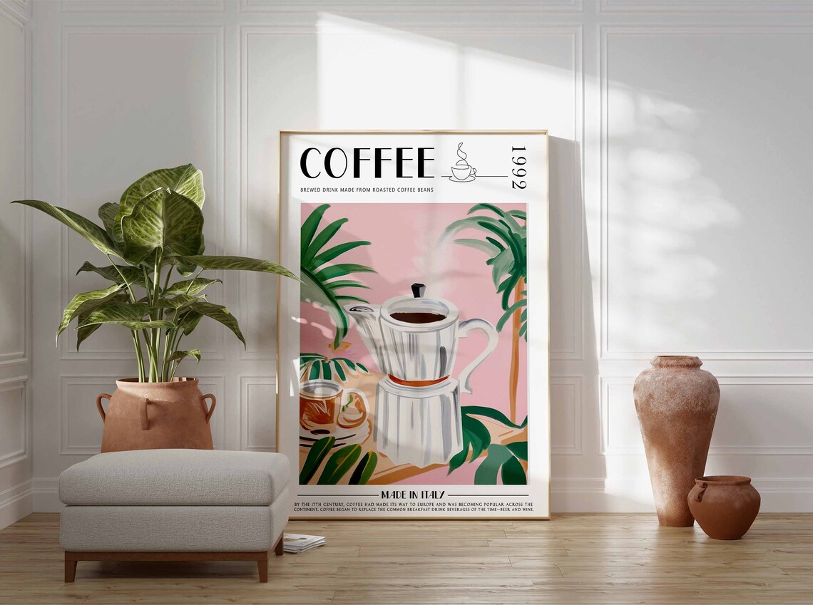 Coffee 1992 Italian Moka Pot Tropical Leaves Botanical Poster - Image 3