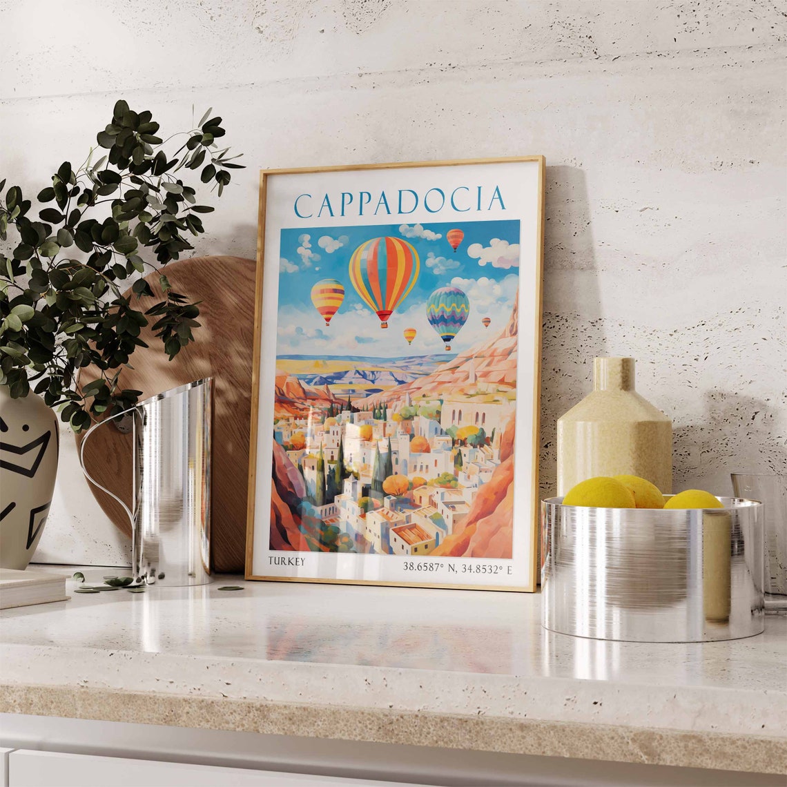 Cappadocia Turkey Hot Air Balloons Over Hillside Town Travel Poster - Image 2