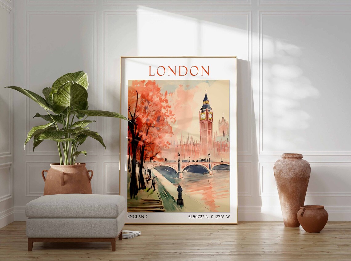 London Big Ben Autumn Thames Embankment Watercolor Travel Poster - Image 2