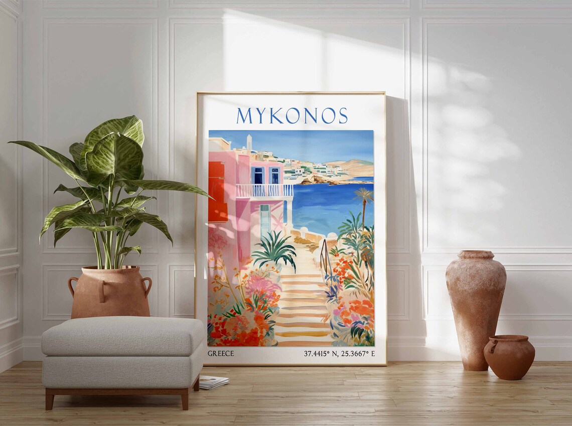 Mykonos Pink Seaside Villa and Flower Stairs Watercolor Travel Poster - Image 2