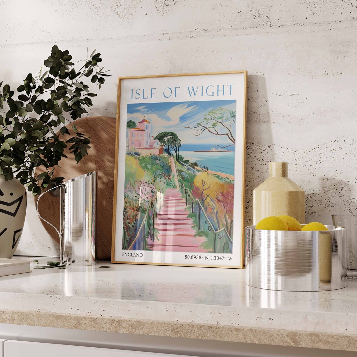 Isle of Wight Red Stairs Beach Pink Houses Watercolor Travel Poster - Image 3