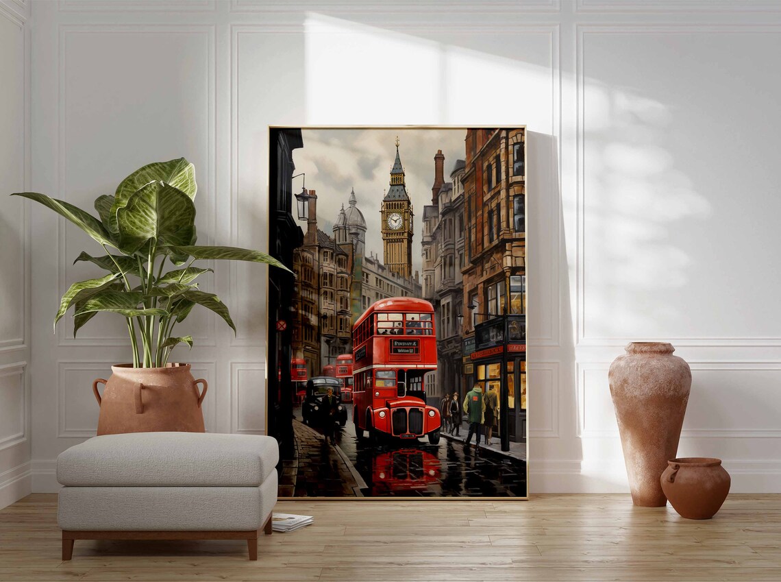 London Red Bus Rainy Westminster Street Vintage Oil Painting Poster - Image 3