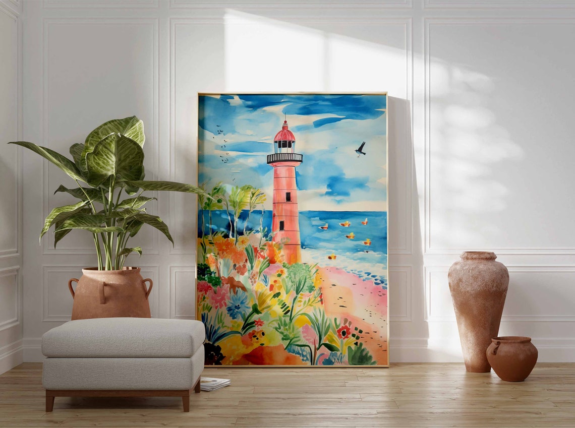 Pink Lighthouse Surrounded by a Garden of Wildflowers Poster - Image 2